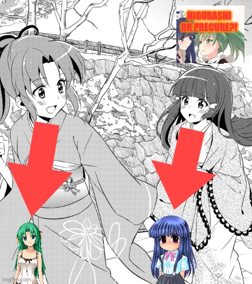 HIGURASHI OR PRECURE?! | image tagged in memes,higurashi,girls | made w/ Imgflip meme maker