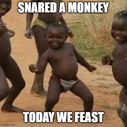 Third World Success Kid Meme | SNARED A MONKEY TODAY WE FEAST | image tagged in memes,third world success kid | made w/ Imgflip meme maker