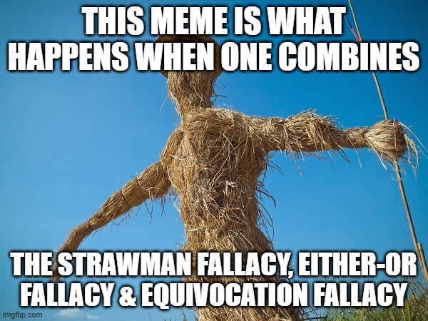 Strawman | THIS MEME IS WHAT HAPPENS WHEN ONE COMBINES THE STRAWMAN FALLACY, EITHER-OR FALLACY & EQUIVOCATION FALLACY | image tagged in strawman | made w/ Imgflip meme maker
