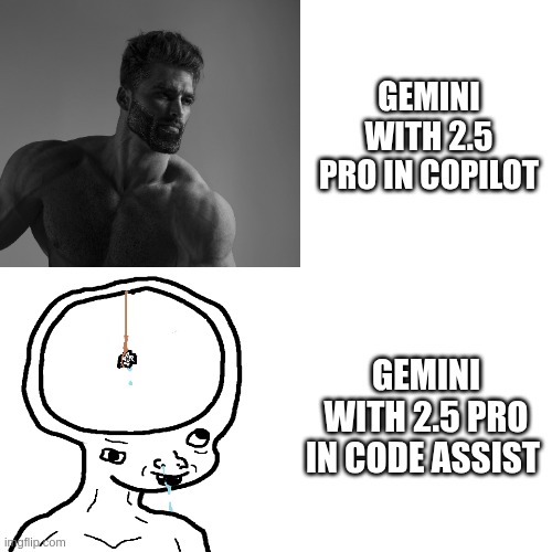 gemini woes | GEMINI WITH 2.5 PRO IN COPILOT; GEMINI WITH 2.5 PRO IN CODE ASSIST | image tagged in software,vscode,programming,programmers,gemini | made w/ Imgflip meme maker