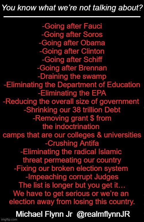 The Swamp Won't Drain Itself | _________________; You know what we’re not talking about? -Going after Fauci
-Going after Soros
-Going after Obama
-Going after Clinton
-Going after Schiff
-Going after Brennan
-Draining the swamp
-Eliminating the Department of Education
-Eliminating the EPA
-Reducing the overall size of government 
-Shrinking our 38 trillion Debt
-Removing grant $ from the indoctrination 
camps that are our colleges & universities
-Crushing Antifa
-Eliminating the radical Islamic 
threat permeating our country
-Fixing our broken election system 
-Impeaching corrupt Judges

The list is longer but you get it…

We have to get serious or we’re an 
election away from losing this country. Michael Flynn Jr  @realmflynnJR | image tagged in yeah this is big brain time,michael flynn,junior,think about it,action,good vs evil | made w/ Imgflip meme maker