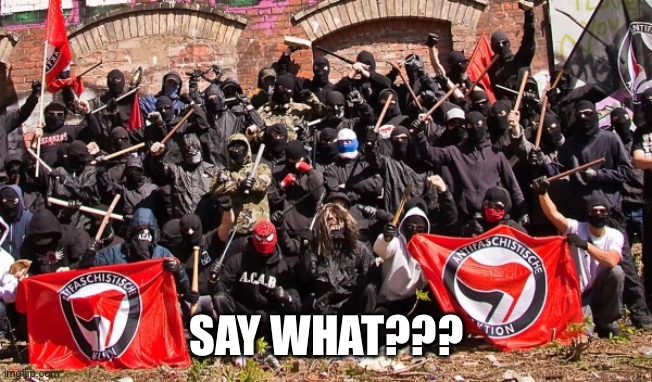 Antifa | SAY WHAT??? | image tagged in antifa | made w/ Imgflip meme maker