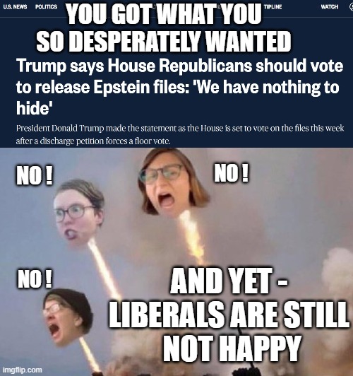 We Have Lift Off | YOU GOT WHAT YOU SO DESPERATELY WANTED; NO ! NO ! AND YET -
LIBERALS ARE STILL
 NOT HAPPY; NO ! | image tagged in libtard heads exploding,leftists,liberals,cry,jeffrey epstein,email | made w/ Imgflip meme maker