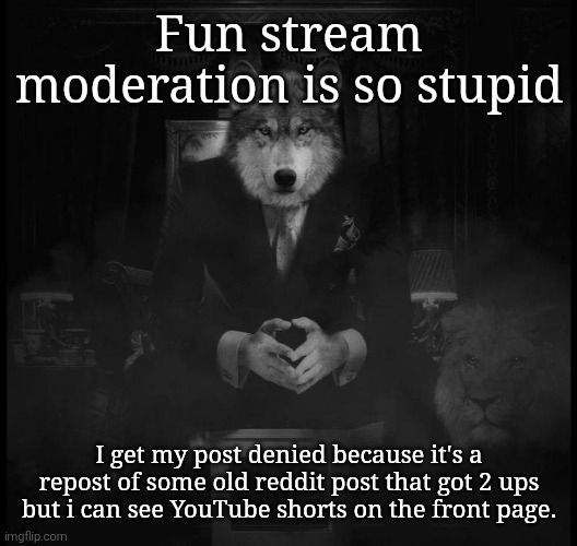 Wolf on a chair | Fun stream moderation is so stupid; I get my post denied because it's a repost of some old reddit post that got 2 ups but i can see YouTube shorts on the front page. | image tagged in wolf on a chair | made w/ Imgflip meme maker