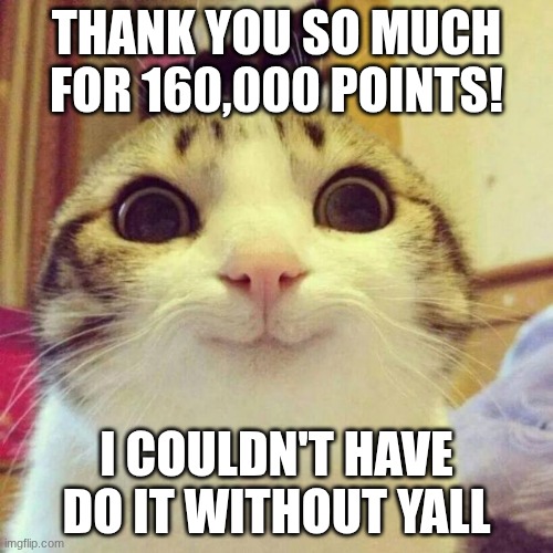 Smiling Cat | THANK YOU SO MUCH FOR 160,000 POINTS! I COULDN'T HAVE DO IT WITHOUT YALL | image tagged in memes,smiling cat | made w/ Imgflip meme maker