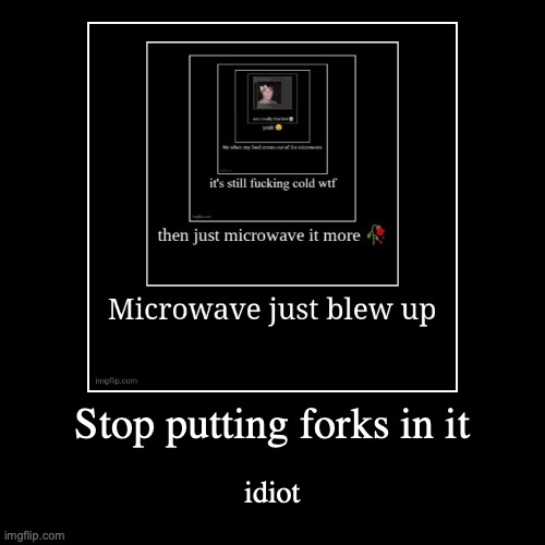 Stop putting forks in it | idiot | image tagged in funny,demotivationals | made w/ Imgflip demotivational maker