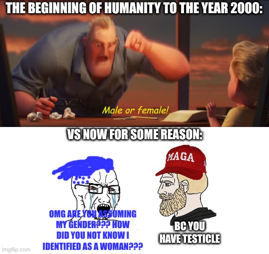 Lowkey facts. | THE BEGINNING OF HUMANITY TO THE YEAR 2000:; Male or female! VS NOW FOR SOME REASON:; OMG ARE YOU ASSUMING MY GENDER??? HOW DID YOU NOT KNOW I IDENTIFIED AS A WOMAN??? BC YOU HAVE TESTICLE | image tagged in math is math | made w/ Imgflip meme maker