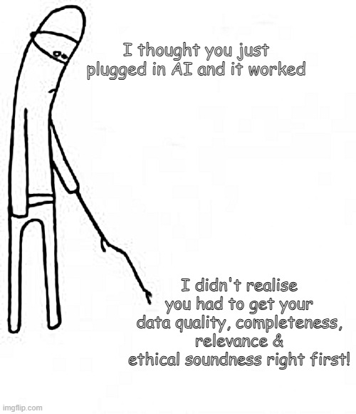 Poke with stick | I thought you just plugged in AI and it worked; I didn't realise you had to get your data quality, completeness, relevance & ethical soundness right first! | image tagged in poke with stick | made w/ Imgflip meme maker