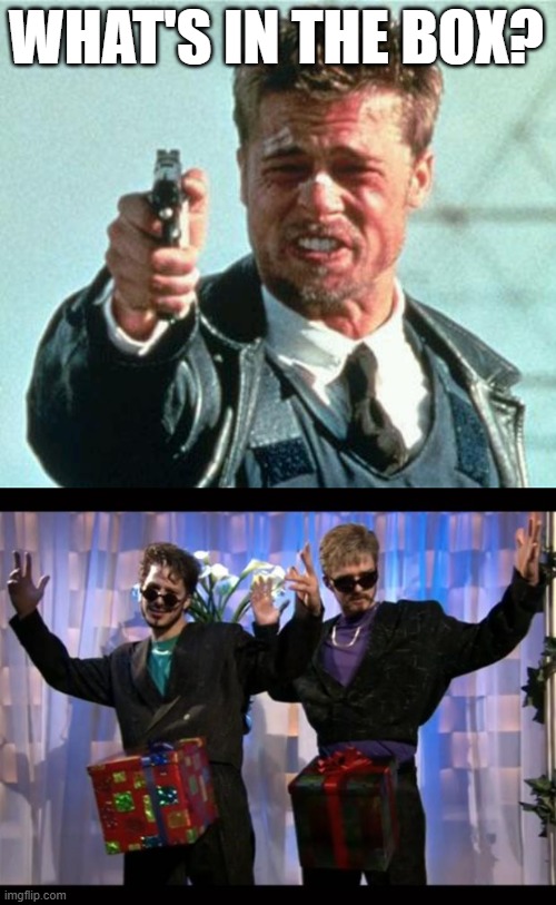 What's in the box? | WHAT'S IN THE BOX? | image tagged in brad pitt whats in the box,dick in a box | made w/ Imgflip meme maker