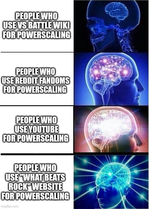 Powerscaling | PEOPLE WHO USE VS BATTLE WIKI FOR POWERSCALING; PEOPLE WHO USE REDDIT FANDOMS FOR POWERSCALING; PEOPLE WHO USE YOUTUBE FOR POWERSCALING; PEOPLE WHO USE "WHAT BEATS ROCK" WEBSITE FOR POWERSCALING | image tagged in memes,expanding brain | made w/ Imgflip meme maker