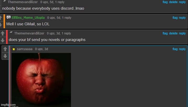 the context was that her bf communicated via gmail | made w/ Imgflip meme maker