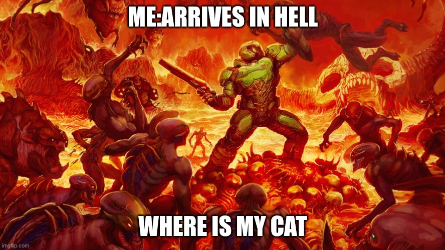 cat good | ME:ARRIVES IN HELL; WHERE IS MY CAT | image tagged in doomguy | made w/ Imgflip meme maker