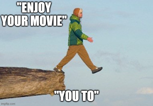 bye bye i quit | "ENJOY YOUR MOVIE"; "YOU TO" | image tagged in walking off cliff | made w/ Imgflip meme maker