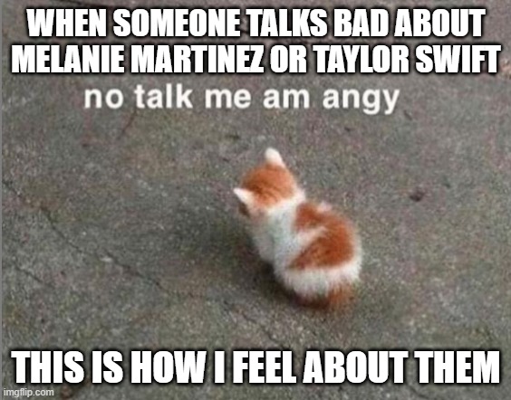I'm a mega Crybaby and a mega Swiftie too you know | WHEN SOMEONE TALKS BAD ABOUT MELANIE MARTINEZ OR TAYLOR SWIFT; THIS IS HOW I FEEL ABOUT THEM | image tagged in no talk me am angy | made w/ Imgflip meme maker