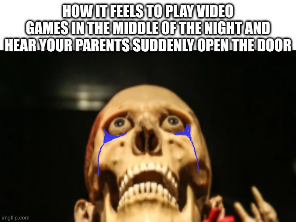 doom music plays: | HOW IT FEELS TO PLAY VIDEO GAMES IN THE MIDDLE OF THE NIGHT AND HEAR YOUR PARENTS SUDDENLY OPEN THE DOOR | image tagged in funny | made w/ Imgflip meme maker