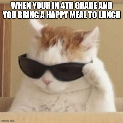 Happy Meal | WHEN YOUR IN 4TH GRADE AND YOU BRING A HAPPY MEAL TO LUNCH | image tagged in cool cat | made w/ Imgflip meme maker