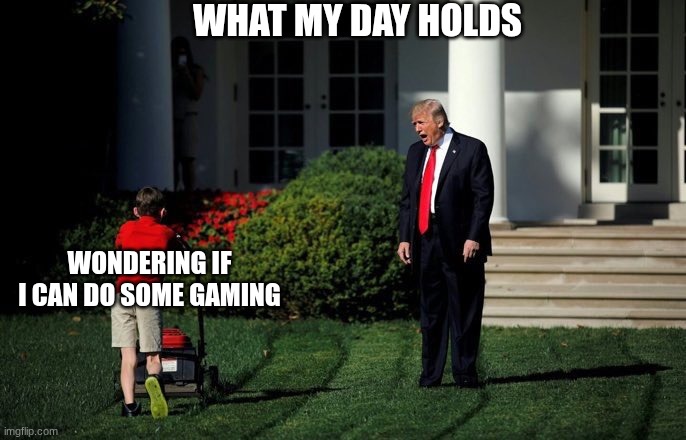 stress | WHAT MY DAY HOLDS; WONDERING IF I CAN DO SOME GAMING | image tagged in trump lawn mower | made w/ Imgflip meme maker