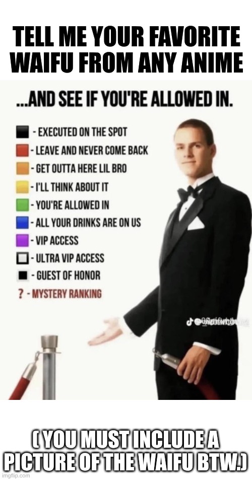 See if your allowed in. | TELL ME YOUR FAVORITE WAIFU FROM ANY ANIME; ( YOU MUST INCLUDE A PICTURE OF THE WAIFU BTW.) | image tagged in see if your allowed in,anime | made w/ Imgflip meme maker