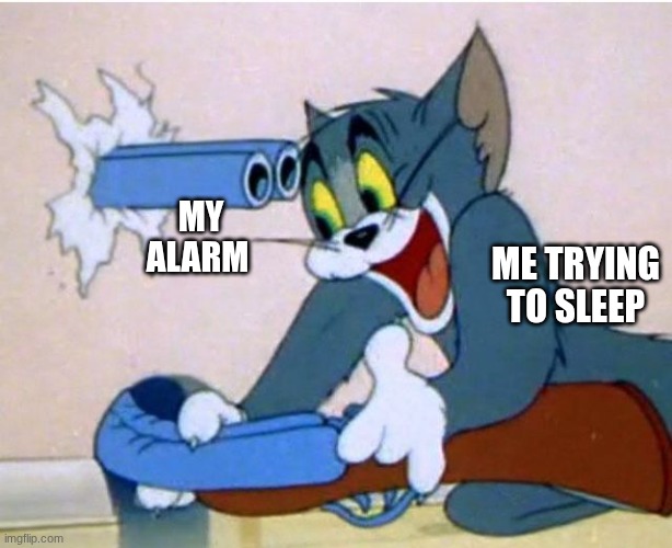 Tom and Jerry | MY ALARM; ME TRYING TO SLEEP | image tagged in tom and jerry | made w/ Imgflip meme maker