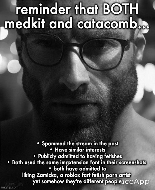 Gigachad Staring With Glasses | reminder that BOTH medkit and catacomb... • Spammed the stream in the past
• Have similar interests
• Publicly admitted to having fetishes
• Both used the same imgxtension font in their screenshots 
• both have admitted to liking Zamicka, a roblox fart fetish porn artist 
yet somehow they're different people | image tagged in gigachad staring with glasses | made w/ Imgflip meme maker