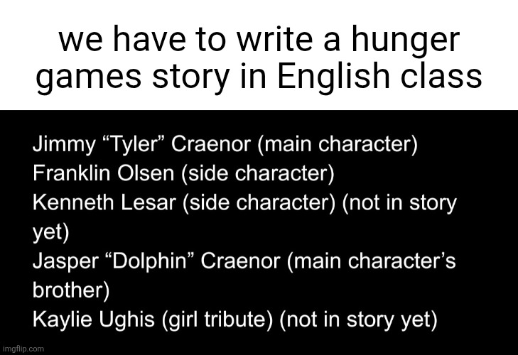 somehow jasper is the only person who's name is the same as their name in real life | we have to write a hunger games story in English class | made w/ Imgflip meme maker