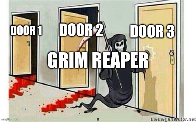 Grim Reaper Knocking Door | DOOR 3; DOOR 2; DOOR 1; GRIM REAPER | image tagged in grim reaper knocking door | made w/ Imgflip meme maker