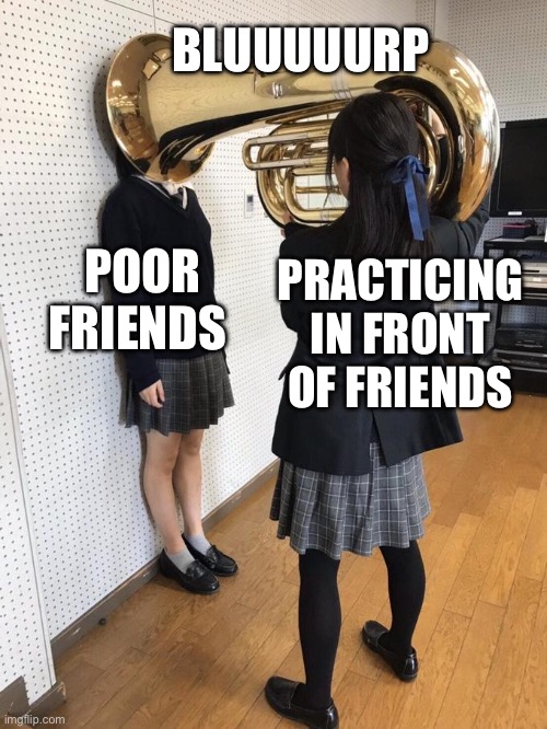 Tubahans Practicing | BLUUUUURP; POOR FRIENDS; PRACTICING IN FRONT OF FRIENDS | image tagged in girl putting tuba on girl's head,practice,band,friends | made w/ Imgflip meme maker
