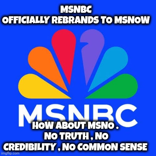 msnbc memes | MSNBC OFFICIALLY REBRANDS TO MSNOW; HOW ABOUT MSNO . 
NO TRUTH , NO CREDIBILITY , NO COMMON SENSE | image tagged in msnbc | made w/ Imgflip meme maker