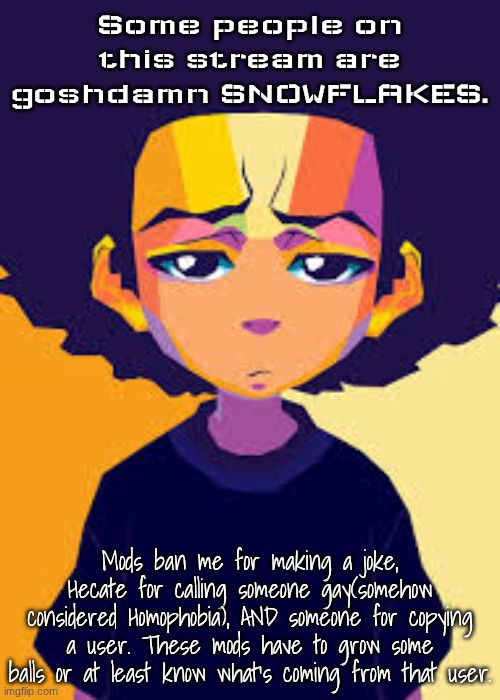 To the mods, this isn't an insult. I just want better moderation. I'm tired of being banned for making jokes or a point. | Some people on this stream are goshdamn SNOWFLAKES. Mods ban me for making a joke, Hecate for calling someone gay(somehow considered Homophobia), AND someone for copying a user. These mods have to grow some balls or at least know what's coming from that user. | image tagged in disappointed huey art | made w/ Imgflip meme maker