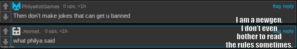 "Well then look at the rules next time" I just said that last post. End of story. Back to posting dumb stuff. | I am a newgen. I don't even bother to read the rules sometimes. | made w/ Imgflip meme maker