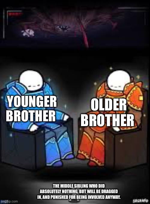 two kings, one guy | YOUNGER BROTHER OLDER BROTHER THE MIDDLE SIBLING WHO DID ABSOLUTELY NOTHING, BUT WILL BE DRAGGED IN, AND PUNISHED FOR BEING INVOLVED ANYWAY. | image tagged in two kings one guy | made w/ Imgflip meme maker