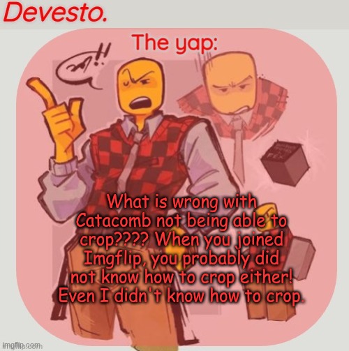 Devesto temp (Thanks, Immadoxyou! ?) | What is wrong with Catacomb not being able to crop???? When you joined Imgflip, you probably did not know how to crop either! Even I didn't know how to crop. | image tagged in devesto temp thanks immadoxyou | made w/ Imgflip meme maker