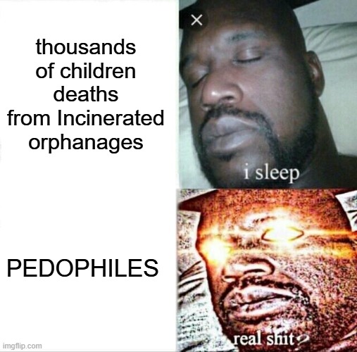 thousands of children deaths from Incinerated orphanages PEDOPHILES | image tagged in memes,sleeping shaq | made w/ Imgflip meme maker