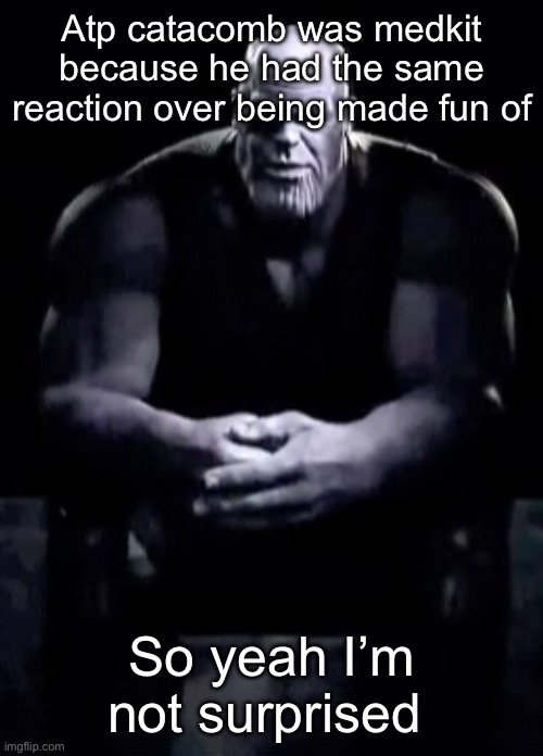 Thanos sitting | Atp catacomb was medkit because he had the same reaction over being made fun of; So yeah I’m not surprised | image tagged in thanos sitting | made w/ Imgflip meme maker