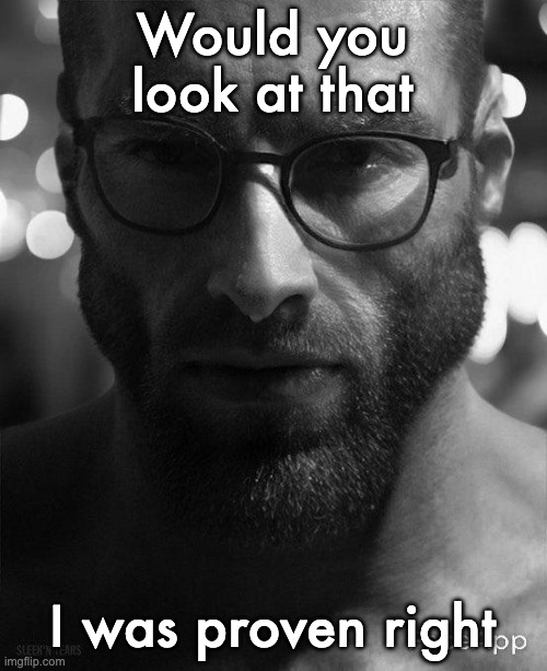 Gigachad Staring With Glasses | Would you look at that; I was proven right | image tagged in gigachad staring with glasses | made w/ Imgflip meme maker
