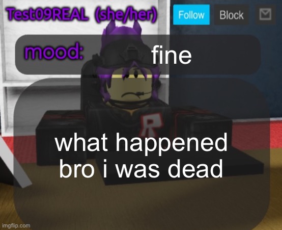 Test09 Jane Doe temp v2 | fine; what happened bro i was dead | image tagged in test09 jane doe temp v2 | made w/ Imgflip meme maker