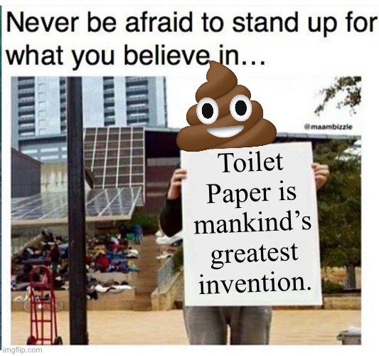 Crap Meme | Toilet Paper is mankind’s greatest invention. | image tagged in never be afraid to stand up for what you believe in man with | made w/ Imgflip meme maker