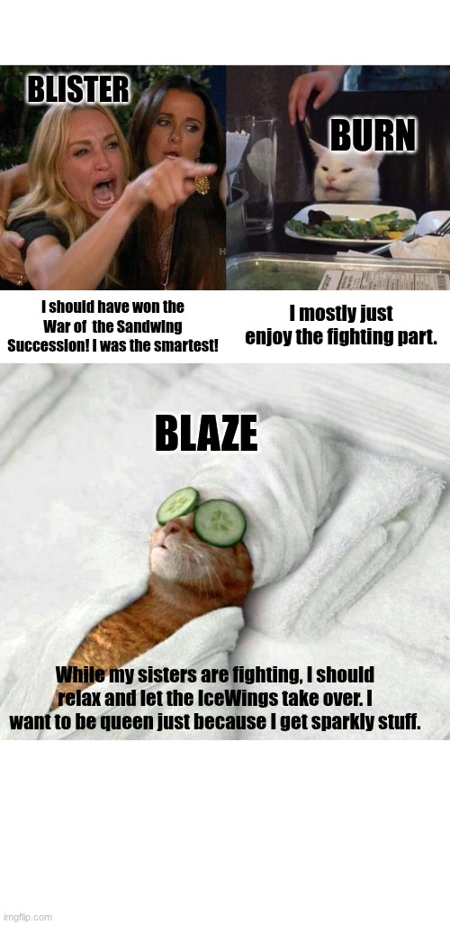 Burn, Blister and Blaze | BLISTER; BURN; I should have won the War of  the Sandwing Succession! I was the smartest! I mostly just enjoy the fighting part. BLAZE; While my sisters are fighting, I should relax and let the IceWings take over. I want to be queen just because I get sparkly stuff. | image tagged in memes,woman yelling at cat,relaxicat,wings of fire | made w/ Imgflip meme maker