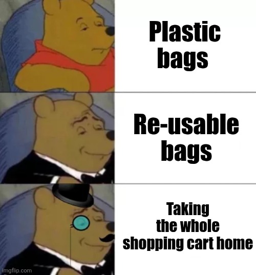Fancy pooh | Plastic bags Re-usable bags Taking the whole shopping cart home | image tagged in fancy pooh | made w/ Imgflip meme maker