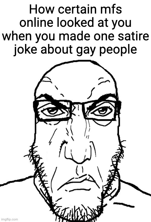 Thankfully you don't see them as much on the internet anymore (or at least i dont) | How certain mfs online looked at you when you made one satire joke about gay people | image tagged in angry soyjak | made w/ Imgflip meme maker