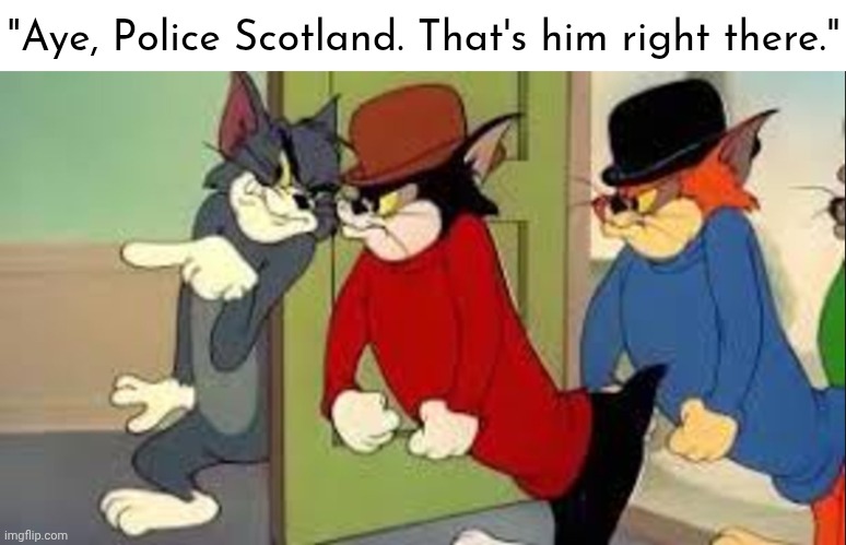 Tom hires goons | "Aye, Police Scotland. That's him right there." | image tagged in tom hires goons | made w/ Imgflip meme maker