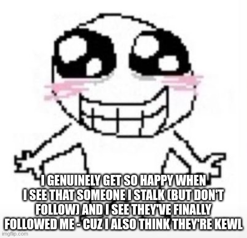 Yippee! | I GENUINELY GET SO HAPPY WHEN I SEE THAT SOMEONE I STALK (BUT DON'T FOLLOW) AND I SEE THEY'VE FINALLY FOLLOWED ME - CUZ I ALSO THINK THEY'RE KEWL | image tagged in yippee | made w/ Imgflip meme maker