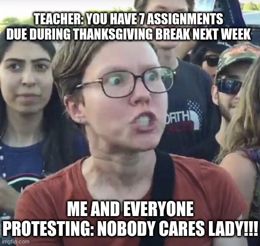 Thanksgiving Memes | TEACHER: YOU HAVE 7 ASSIGNMENTS DUE DURING THANKSGIVING BREAK NEXT WEEK; ME AND EVERYONE PROTESTING: NOBODY CARES LADY!!! | image tagged in triggered,slay,girl,school,real,bruh | made w/ Imgflip meme maker