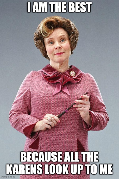 Dolores Umbridge | I AM THE BEST; BECAUSE ALL THE KARENS LOOK UP TO ME | image tagged in dolores umbridge | made w/ Imgflip meme maker