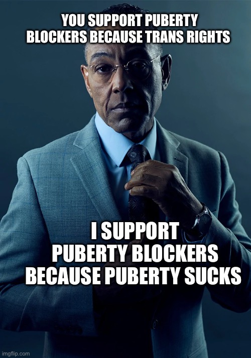 Actually I don’t lol | YOU SUPPORT PUBERTY BLOCKERS BECAUSE TRANS RIGHTS; I SUPPORT PUBERTY BLOCKERS BECAUSE PUBERTY SUCKS | image tagged in we are not the same,puberty,funny,memes | made w/ Imgflip meme maker