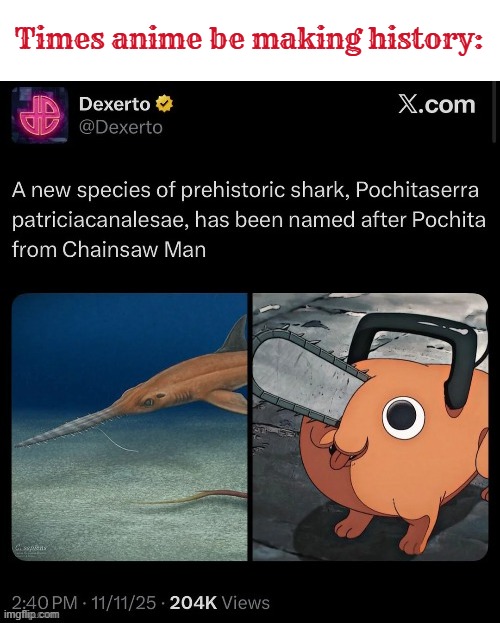 Times anime be making history: | image tagged in chainsaw man | made w/ Imgflip meme maker