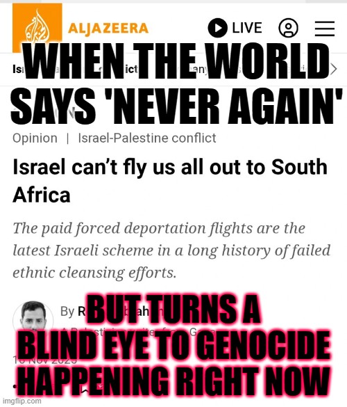 WHEN THE WORLD SAYS 'NEVER AGAIN'; BUT TURNS A BLIND EYE TO GENOCIDE HAPPENING RIGHT NOW | WHEN THE WORLD SAYS 'NEVER AGAIN'; BUT TURNS A BLIND EYE TO GENOCIDE HAPPENING RIGHT NOW | image tagged in israel-palestine war,genocide,palestine,anti-religion,nazis,deportation | made w/ Imgflip meme maker