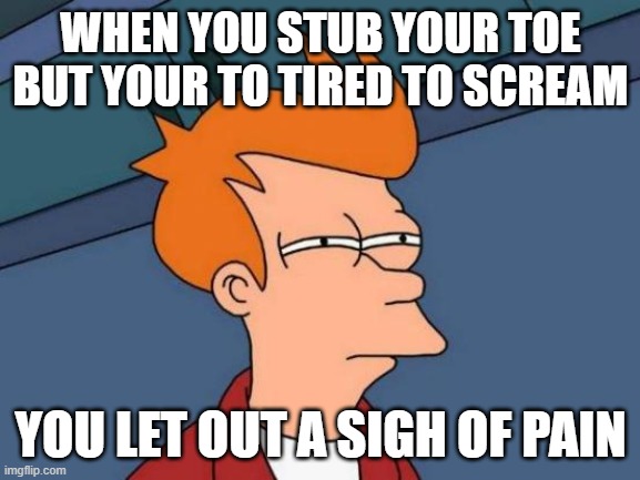 Futurama Fry Meme | WHEN YOU STUB YOUR TOE BUT YOUR TO TIRED TO SCREAM; YOU LET OUT A SIGH OF PAIN | image tagged in memes,futurama fry | made w/ Imgflip meme maker