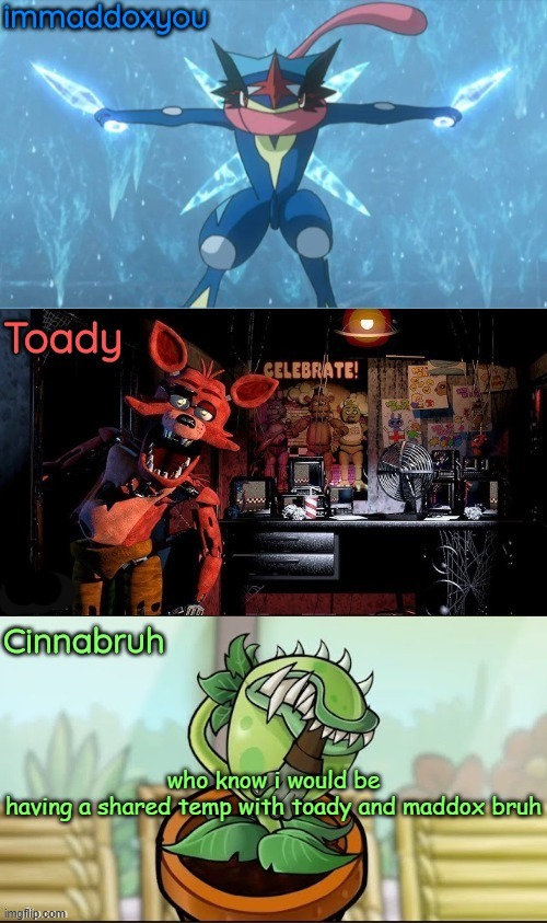tbf i am part of the toady hivemind now- what huh i didnt say anything | who know i would be having a shared temp with toady and maddox bruh | image tagged in immadox cinnabruh toady shared temp | made w/ Imgflip meme maker