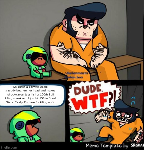 Why is Leon here? | My sister, a girl who wears a teddy bear on her head and makes shockwaves, just hit her 100th Bull killing streak and I just hit 150 in Brawl Stars. Really, I'm here for killing a Kit. | image tagged in brawl stars meme template,brawl stars | made w/ Imgflip meme maker